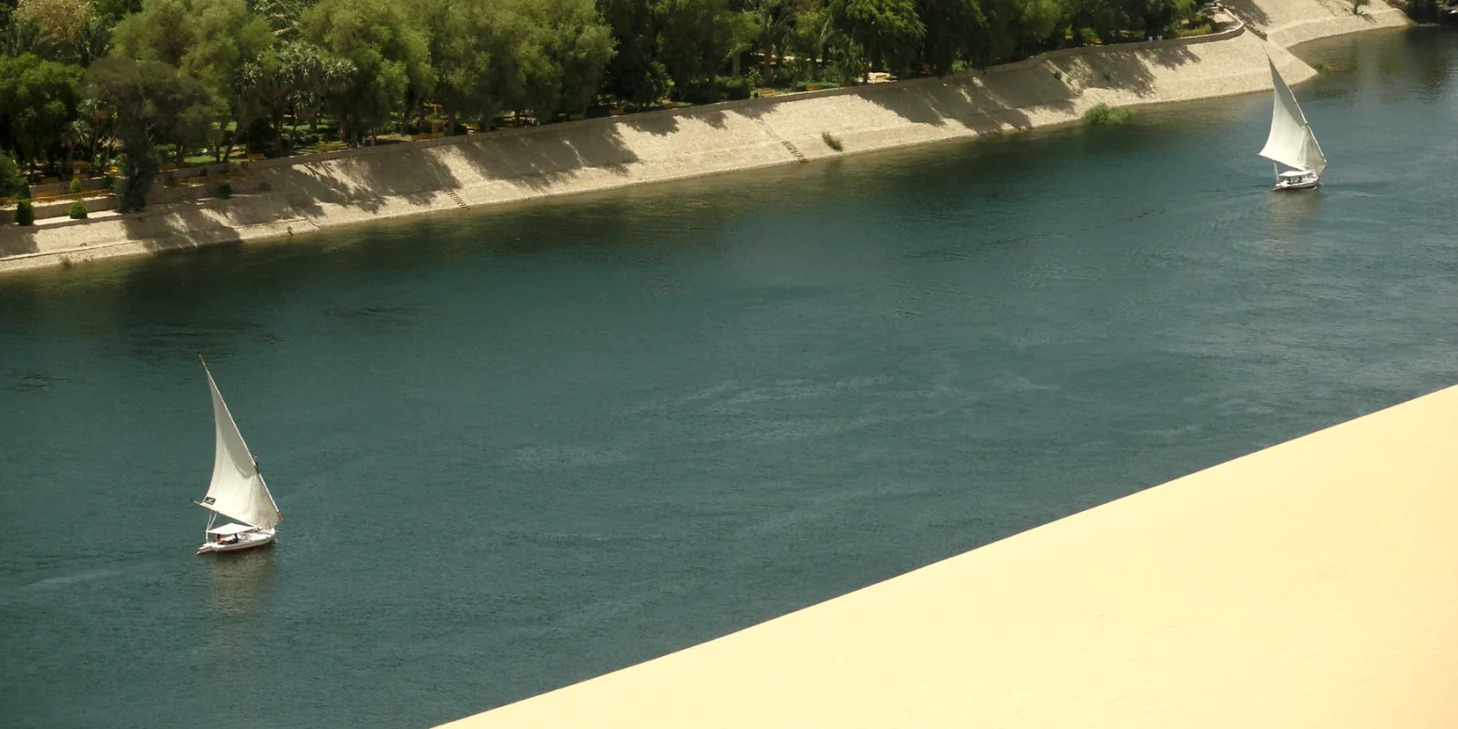 Two white-sailed feluccas on the Nile at Aswan beside a planted riverbank