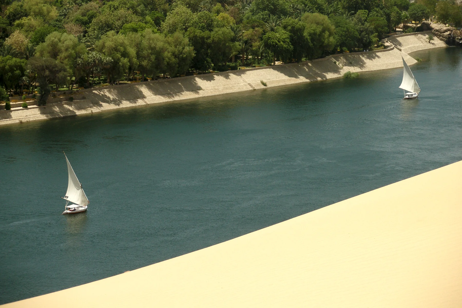 Two white-sailed feluccas on the Nile at Aswan beside a planted riverbank