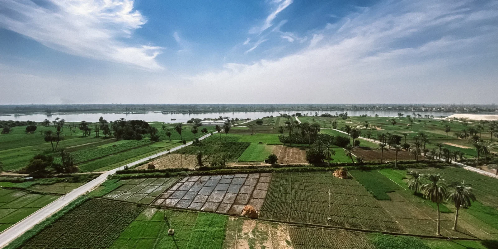 Cultivated fields and the Nile seen from Jabal Al-Tair in Minya Governorate