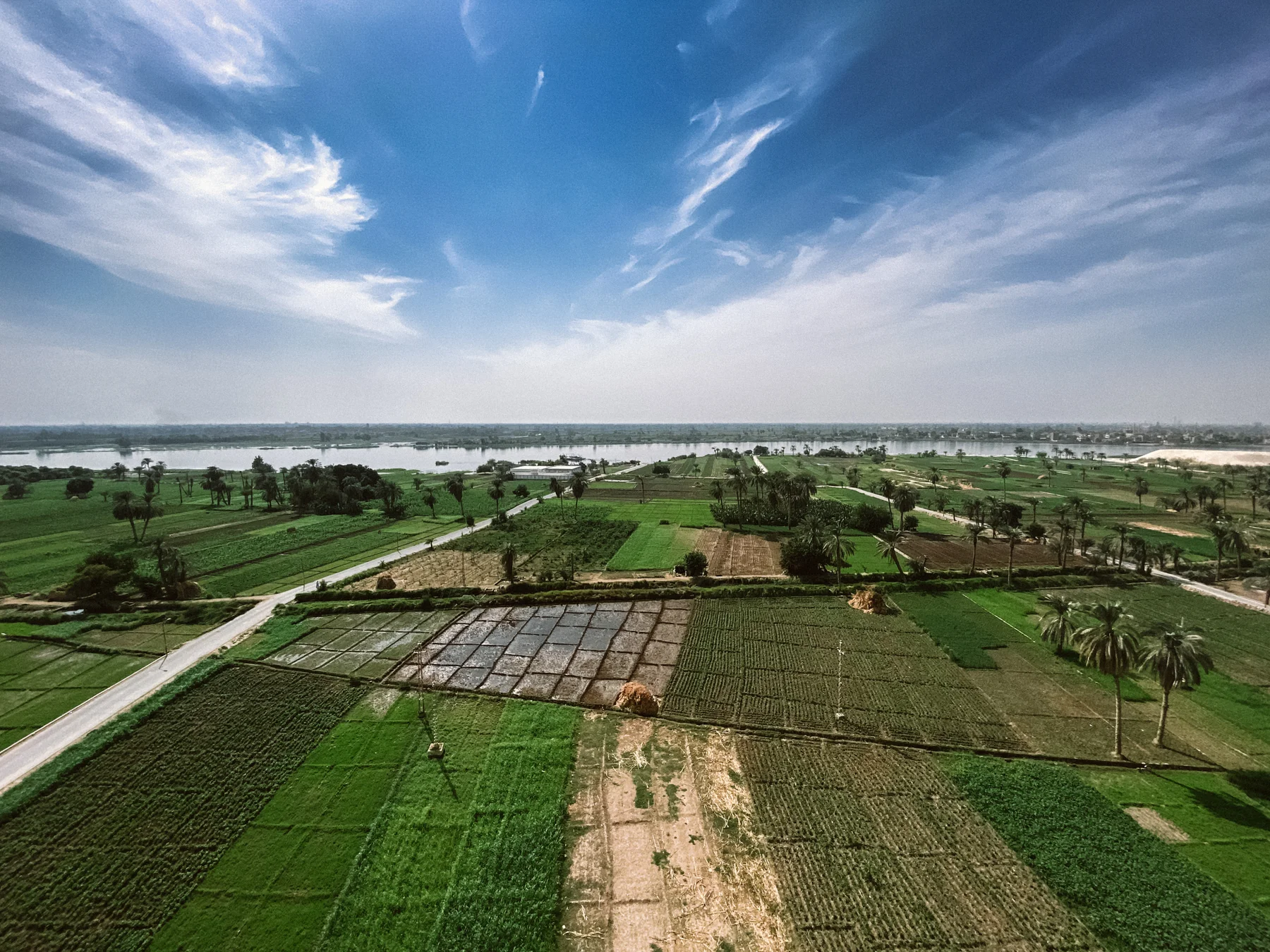 Cultivated fields and the Nile seen from Jabal Al-Tair in Minya Governorate